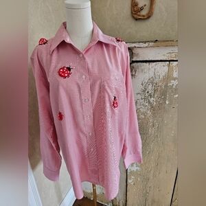 Vintage Fabrizio by Afiva Rhinestones & Ladybugs Red/White Stripe Button Down-M